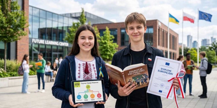Студенти з планшетом та європейським дипломом перед сучасним навчальним центром на фоні прапорів України, Польщі та ЄС - PedagogikaIN